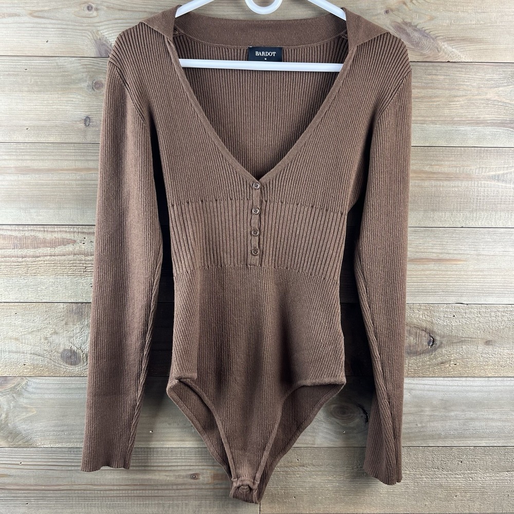 Bardot Womens Bodysuit Long Sleeve Ribbed Collared Henley Sweater Brown Medium